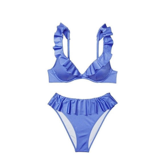 Victoria's Secret Other - Victorias Secret Blue Ruffle Plunge Highwaist Bikini Swimsuit Set sz 34C & Large